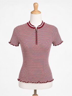Ultra Flirt Red White Striped Ribbed Zip Front Ringer Tee